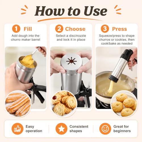 Stainless Steel Churro Maker Machine with 8 Discs Nozzles and 8 Piping Tips Cleaning Brush & Filling Piping Bag,maquina Para Hacer Churro cookie press