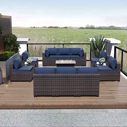 ASJMR Outdoor Patio Furniture Set with Gas Fire Pit Table, 13 Pieces Outdoor Furniture Set Patio Sectional Sofa w/43in 55000 BTU Propane Fire Pit, PE Wicker Rattan Patio Conversation Sets - Dark Blue