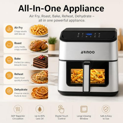 ARINOO 8 Qt Air Fryer Pro with Viewing Window, 8 Presets and Recipe Book