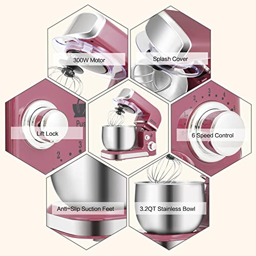 Kitchen in the box Stand Mixer,3.2Qt Small Electric Food Mixer,6 Speeds Portable Lightweight Kitchen Mixer for Daily Use with Egg Whisk,Dough Hook,Flat Beater (Purplish-red)