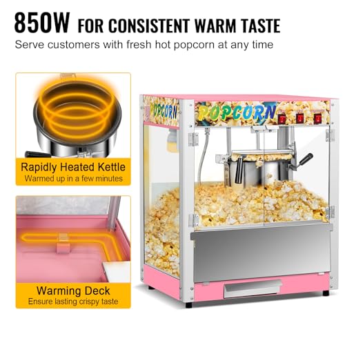 Commercial Popcorn Machine, 8 Oz Kettle, 850 W Countertop Popcorn Maker for 48 Cups per Batch, Popcorn Popper with 3-Switch Control Steel Frame Tempered Acrylic Doors