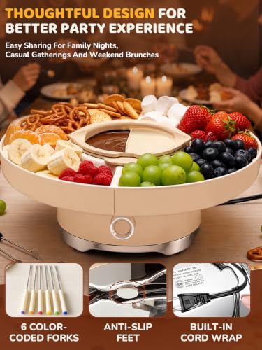 LUSHYUM Electric Chocolate Fondue Pot Set, 4-Cup Chocolate, Rotating Tray