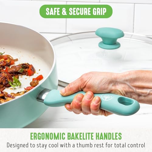 GreenLife Soft Grip Diamond Healthy Ceramic Nonstick, 5QT Saute Pan Jumbo Cooker with Helper Handle and Lid, PFAS-Free, Dishwasher Safe, Turquoise