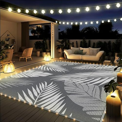 GENIMO Outdoor Rug 8' x 10' Waterproof for Patios Clearance, Reversible Outdoor Plastic Straw Camping Rug Carpet with LED String Light, Area Rugs Mats for RV, Camper, Deck, Balcony, Porch, Grey&White