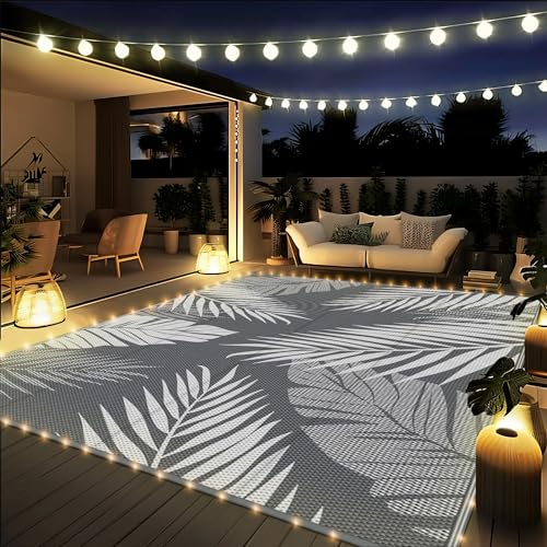 GENIMO Outdoor Rug 9' x 12' Waterproof for Patios Clearance, Reversible Outdoor Plastic Straw Camping Rug Carpet with LED String Light, Area Rugs Mats for RV, Camper, Deck, Balcony, Porch, Grey&White
