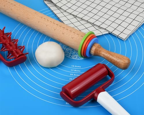 Victhur Rolling Pin with 4 Adjustable Thickness Rings and Long Handle 13.6 Inch Wooden Dough Roller for Baking, Dough, Cookie, Cake, Fondant, Pizza and Pie Crust