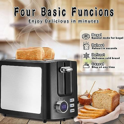 Toaster 2 Slice Wide Slot Toaster Best Rated Prime Display Smart Toasters with LCD Digital Countdown Timer and Bagel/Defrost/Cancel/Reheat Function