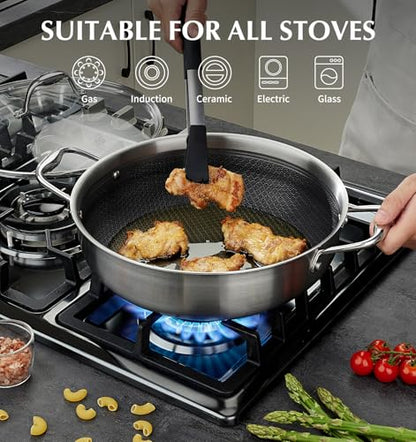 KOCH SYSTEME CS Triply Stainless Steel Saute Pan 12 Inch, Nonstick Hybird Stainless Steel Saute Pan with Lid, 6 Quart Deep Frying Pan with Honeycomb Interior, 18/10 Steel Pans, Induction Compatible