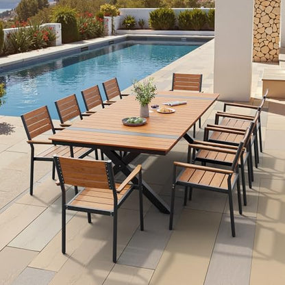 Pellebant 11 Piece Patio Table and Chairs Set, Aluminum Outdoor Dining Set with Umbrella Hole, 94" Dining Table & Stackable Chairs, Weather Resistant Teak Wood Grain Finish for Deck, Porch, Backyard