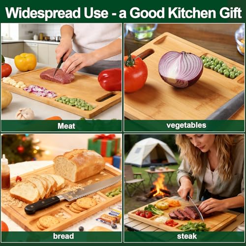 Bamboo Cutting Board with 3 Compartments: 17" Large Double-Sided Chopping Board with Juice Groove, Mess-Free Meal Prep for Meat, Vegetables & Fruits