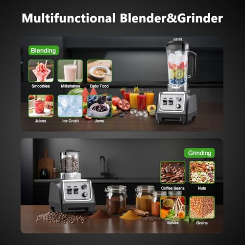 H-Duka 1800W Blender for Smoothies, 70oz Pitcher & 20oz Grinder, 28000 RPM High Speed Countertop Blender for Kitchen for Ice Crushing, Frozen Fruits & Nut Butter, 1-5 Min Timer, Multiple Speeds