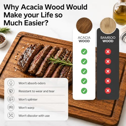 Acacia Wood Cutting Boards for Kitchen, Non-Toxic Cutting Board Set of 2, Chopping Boards with Deep Juice Groove for Meat, Cheese & Vegetables - Eco-Friendly & Medium & Small Sizes