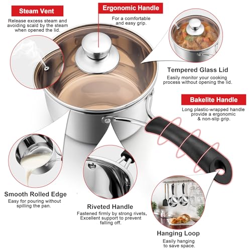 2 Quarts 18/10 Stainless Steel Saucepan, Joyfair Small Sauce Pan Milk Pot with Glass Lid for Cooking Stewing Boiling Spaghetti Soup, Extra Pan Wall & Heat-proof Bakelite Handle, Dishwasher Safe
