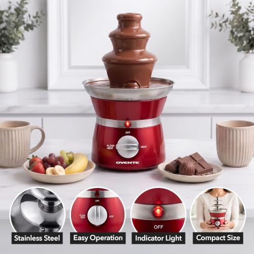 OVENTE 3 Tier Chocolate Fondue Fountain Machine, 6” x 6” x 9.4”, Red CFS73R