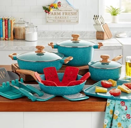 Prairie Signature 14-Piece Cast Aluminum Cookware Set, Teal Speckle