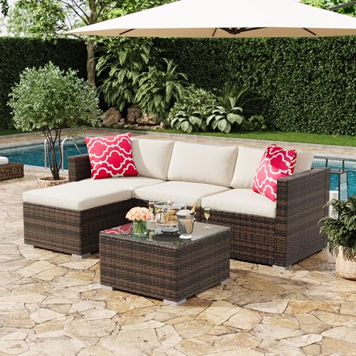 GAOMON 5-Piece All-Weather Patio Furniture Set, Convertible Outdoor Sectional Sofa with Ottoman & Tempered Glass Table, PE Rattan Conversation Set for Garden, Backyard, Porch, Poolside