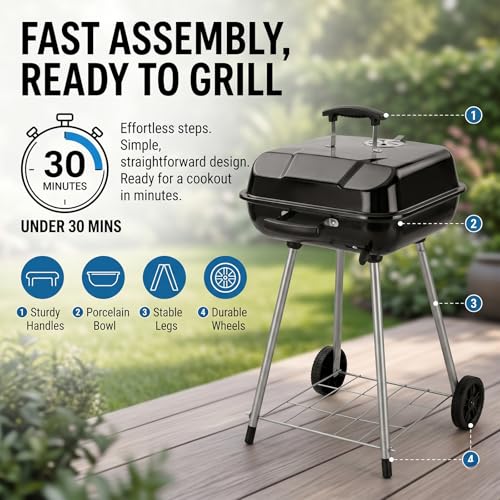 17.5 Inch Square Charcoal Grill with Wheels, Portable Outdoor BBQ Kettle