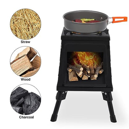 Lineslife Wood Burning Camp Stove, Portable Cast Iron Camping Wood Stove, Black Woodstove with Carrying Case for Backpacking Outdoor Cooking, Small