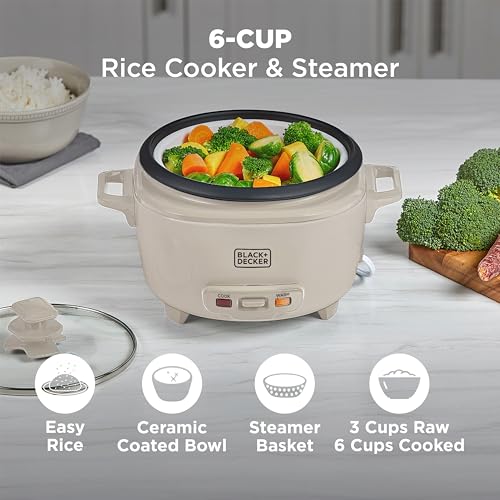 BLACK+DECKER 6-Cup Cooked (3 Cups Uncooked) Rice Cooker, Steaming Basket, Removable Nonstick Bowl, One-Touch Operation, Baked Stone