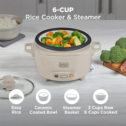 BLACK+DECKER 6-Cup Cooked (3 Cups Uncooked) Rice Cooker, Steaming Basket, Removable Nonstick Bowl, One-Touch Operation, Baked Stone