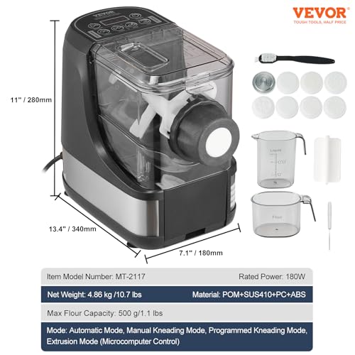 VEVOR Electric Pasta Maker, 150W Automatic Noodle Maker Machine with 8 Pasta Shapes, 4 Intelligent Modes, 500g Flour Capacity Pasta Maker Machine with Measuring Cups, Cleaning Brush for Home Kitchen