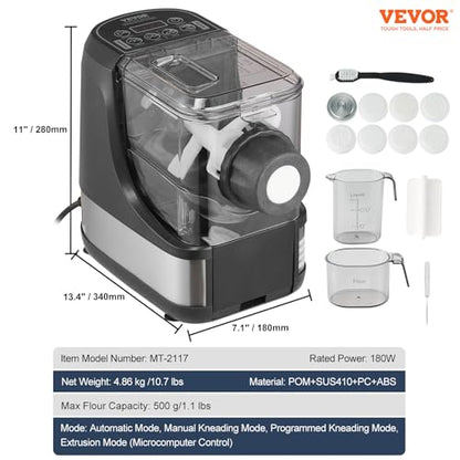 VEVOR Electric Pasta Maker, 150W Automatic Noodle Maker Machine with 8 Pasta Shapes, 4 Intelligent Modes, 500g Flour Capacity Pasta Maker Machine with Measuring Cups, Cleaning Brush for Home Kitchen