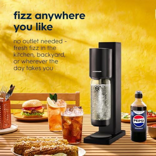 Sodastream Fresh | Soda Machine Sparkling Water Maker Value Bundle (Black) With 2x 60L CO2 Canisters, 1x Carbonating Bottle, 1x Fizz & Go Cool Metal Bottle (Storm) and 3x Zero Flavors