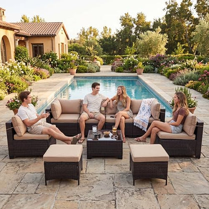 LEVELEVE 9 Pieces Outdoor Patio Furniture Sets,Rattan Conversation Sectional Set,Manual Weaving Wicker Patio Sofa,w/Table&Ottoman