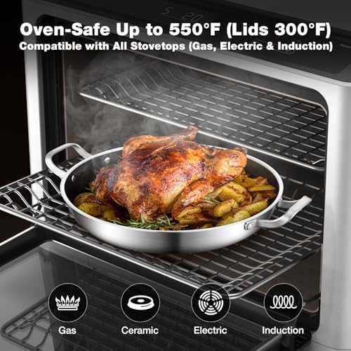 Yeksum Tri-Ply 14.5 Inch Stainless Steel Paella Pan,12 Servings Paella Pan with Lid,18/10 Nonstick Large Skillet,Jumbo Cooker,Induction Pan,Skillets,for Outdoors,Camping,Parties