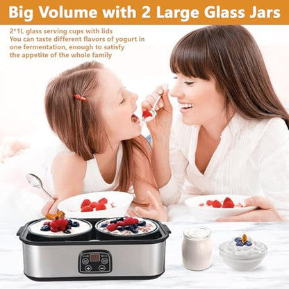 2L Probiotic Yogurt Maker with Two 1L Glass Containers for Larger Batches Yogurt Maker with Adjustable Time & Temp Control Probiotics Stainless Steel Yogurt Making Machine for Homemade Yogurt Dessert