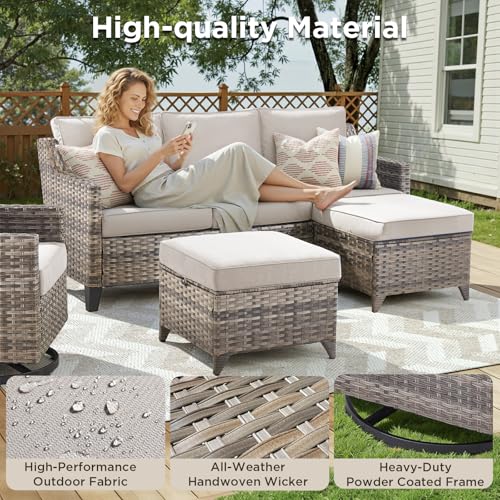 6 Piece Outdoor Patio Wicker Furniture Sets-High Back Outdoor Conversation Set Sectional Sofa with Wicker Swivel Rocker Patio Chairs,Thick Cushions Ottomans for Porch Balcony Patio Deck Grey/Beige