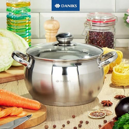 Daniks Classic 6.5 Quart Stainless Steel Stock Pot with Glass Lid, Tri-Ply Bottom for Even Heating, Induction Compatible, Dishwasher Safe