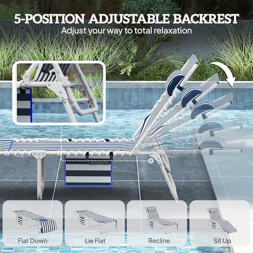Outsunny Tanning Chair with Face Hole, Side Table, 5-Position Reclining Folding Chaise Lounge Chair Outdoor Lounger Recliner, Carry Straps for Beach Pool Camp, Oxford Fabric, Blue and White