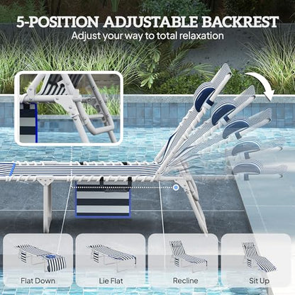 Outsunny Tanning Chair with Face Hole, Side Table, 5-Position Reclining Folding Chaise Lounge Chair Outdoor Lounger Recliner, Carry Straps for Beach Pool Camp, Oxford Fabric, Blue and White