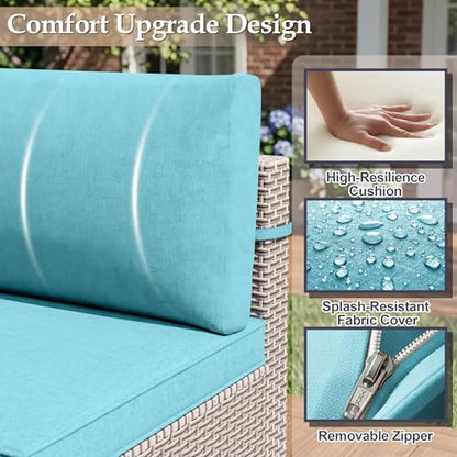 SnugVista Patio Furniture Set, 11-Piece Outdoor Sectional Sofa with Swivel Rocker Chairs & Fire Pit Table, Wicker Patio Conversation Set with Coffee Table, Cyan Cushions