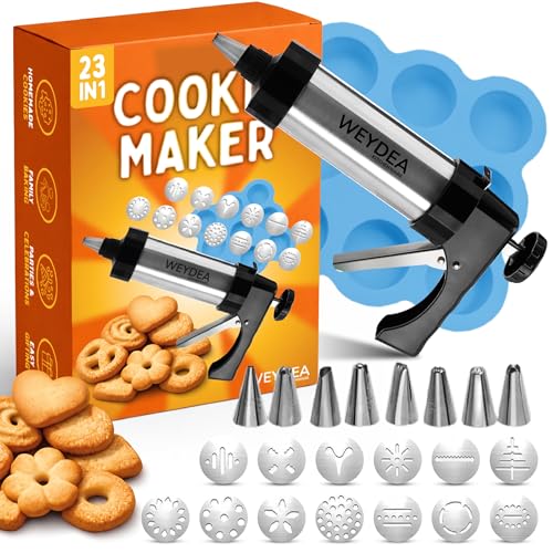 WEYDEA Cookie Press Gun Kit 23 in 1 - Stainless Steel Cookie Maker with 13 Discs, 8 Piping Tips & Silicone Baking Mold - Cookie Making Kit for DIY Baking