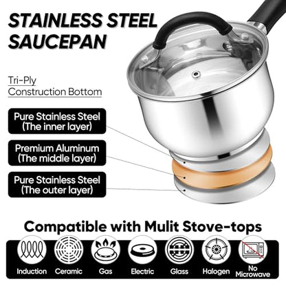 E-far 1 Quart Sauce Pan with Lid, Tri-Ply Base Stainless Steel Small Saucepan with Stay-Cool Handle, Non-toxic Kitchen Cooking Sauce Pot, Compatible with All Cooktops, Dishwasher Safe