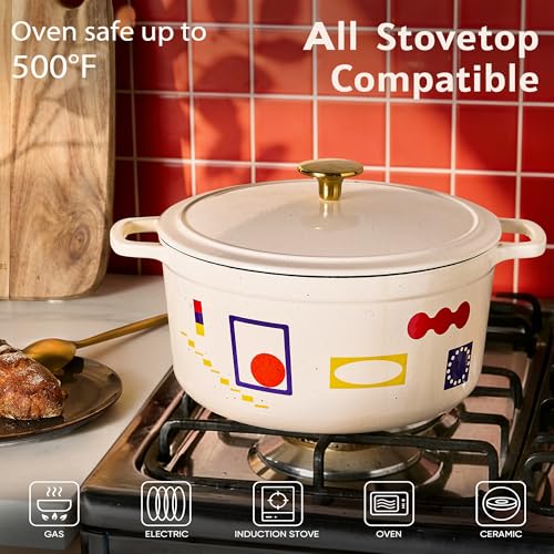 CAROTE 5QT Cast Iron Dutch Oven Pot with Lid, Enameled Floral Dutch Ovens with Gift Box, Versatile Heavy-Duty Cookware for Sourdough Bread Baking, Braising, Stews, Roasting, Healthy & Non-Toxic, All Stovetop Compatible, Oven Safe up to 500° F, Bonjour