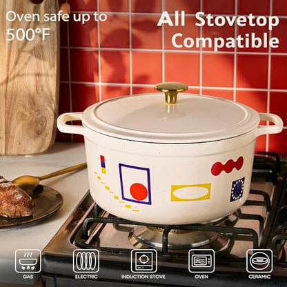 CAROTE 5QT Cast Iron Dutch Oven Pot with Lid, Enameled Floral Dutch Ovens with Gift Box, Versatile Heavy-Duty Cookware for Sourdough Bread Baking, Braising, Stews, Roasting, Healthy & Non-Toxic, All Stovetop Compatible, Oven Safe up to 500° F, Bonjour
