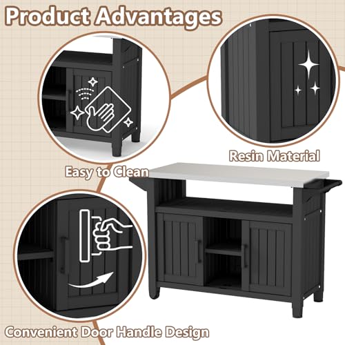 EasyUp Outdoor Storage Cabinet,Patio Storage Table, Bar Table with Wheels,Outdoor Bar Cart for Patio, Poolside and Backyard,Black