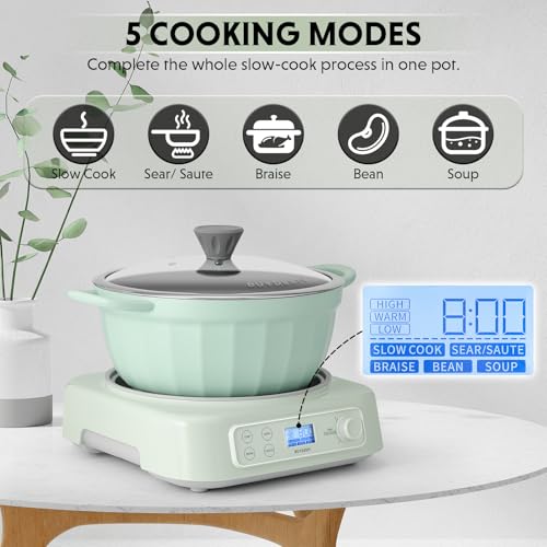 BUYDEEM 5-in-1 Slow Cooker 4.7QT with Removable Nonstick Stockpot, Compatible with Various Cookwares, Two Temperature Controls, Customized Time Settings, Auto Keep Warm for 2H, Cozy Greenish