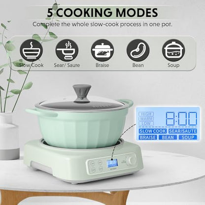 BUYDEEM 5-in-1 Slow Cooker 4.7QT with Removable Nonstick Stockpot, Compatible with Various Cookwares, Two Temperature Controls, Customized Time Settings, Auto Keep Warm for 2H, Cozy Greenish