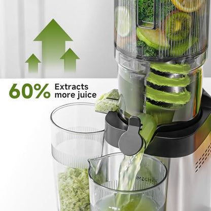 AMZCHEF Cold Press Juicer, 5.4" Juicer Machines with Large Feed Chute for Whole Fruits & Vegetables, Stainless Steel Juice Extractor with Large Auger, Dual Strainers, Easy Cleanup & Assembly