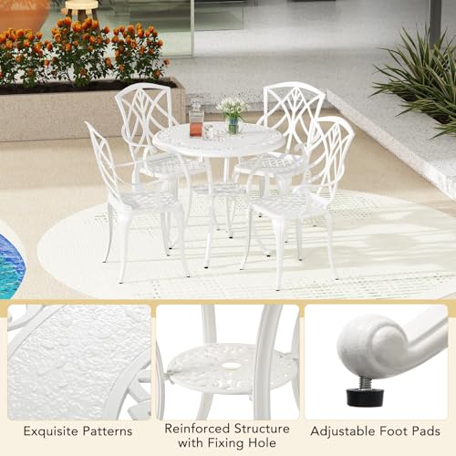 Tangkula 5 Pieces Cast Aluminum Outdoor Dining Set, Round Dining Table with 2” Umbrella Hole & 4 Armchairs, All-Weather Outdoor Furniture Set for Patio, Balcony, Garden & Backyard, White