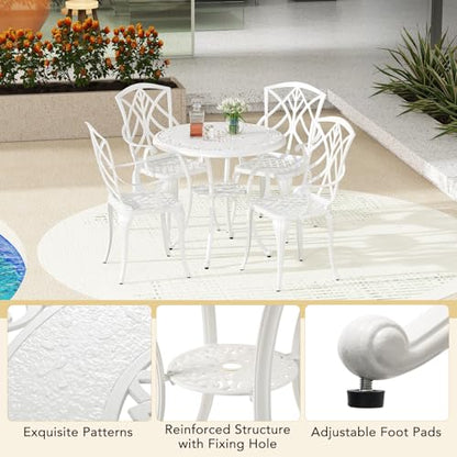 Tangkula 5 Pieces Cast Aluminum Outdoor Dining Set, Round Dining Table with 2” Umbrella Hole & 4 Armchairs, All-Weather Outdoor Furniture Set for Patio, Balcony, Garden & Backyard, White