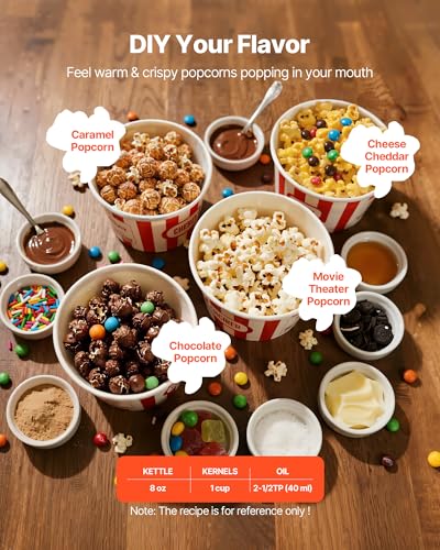 VEVOR Popcorn Machine, 8oz Stainless Steel Kettle, 800W Commercial Countertop Popcorn Maker, 48 Cups per Batch Theater Style Popper, with 2-Button Control Glass Wall PC Door 1 Scoop 3 Spoons, Red
