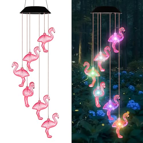 Flamingo Solar Wind Chime Light for Outdoor Decor – Waterproof Solar-Powered Wind Chime with 6 Color-Changing LED Flamingo Lights, Decorative Lights for Holiday Housewarming - Unique Gift for Her