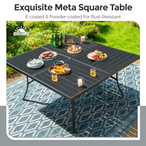 SUNSHINE VALLEY Patio Dining Set for 8, 60" x 60" Square Metal Table with Umbrella Hole, 8 x Stable Brown Dining Chairs, Outdoor Table and Chairs Set for Lawn Backyard and Deck