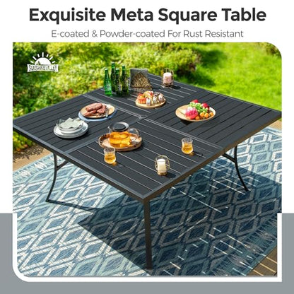 SUNSHINE VALLEY Patio Dining Set for 8, 60" x 60" Square Metal Table with Umbrella Hole, 8 x Stable Brown Dining Chairs, Outdoor Table and Chairs Set for Lawn Backyard and Deck