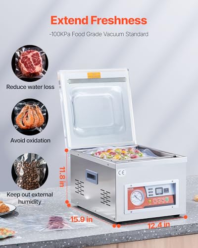 VEVOR Chamber Vacuum Sealer, 260W Sealing Power, Vacuum Packing Machine for Wet Foods, Meats, Marinades and More, Compact Size with 10.2 in Sealing Length, Applied in Home Kitchen and Commercial Use